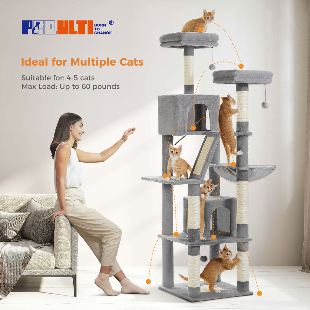 Tall Cat Tree with Dual Condos and Perches – Grey — detail 3