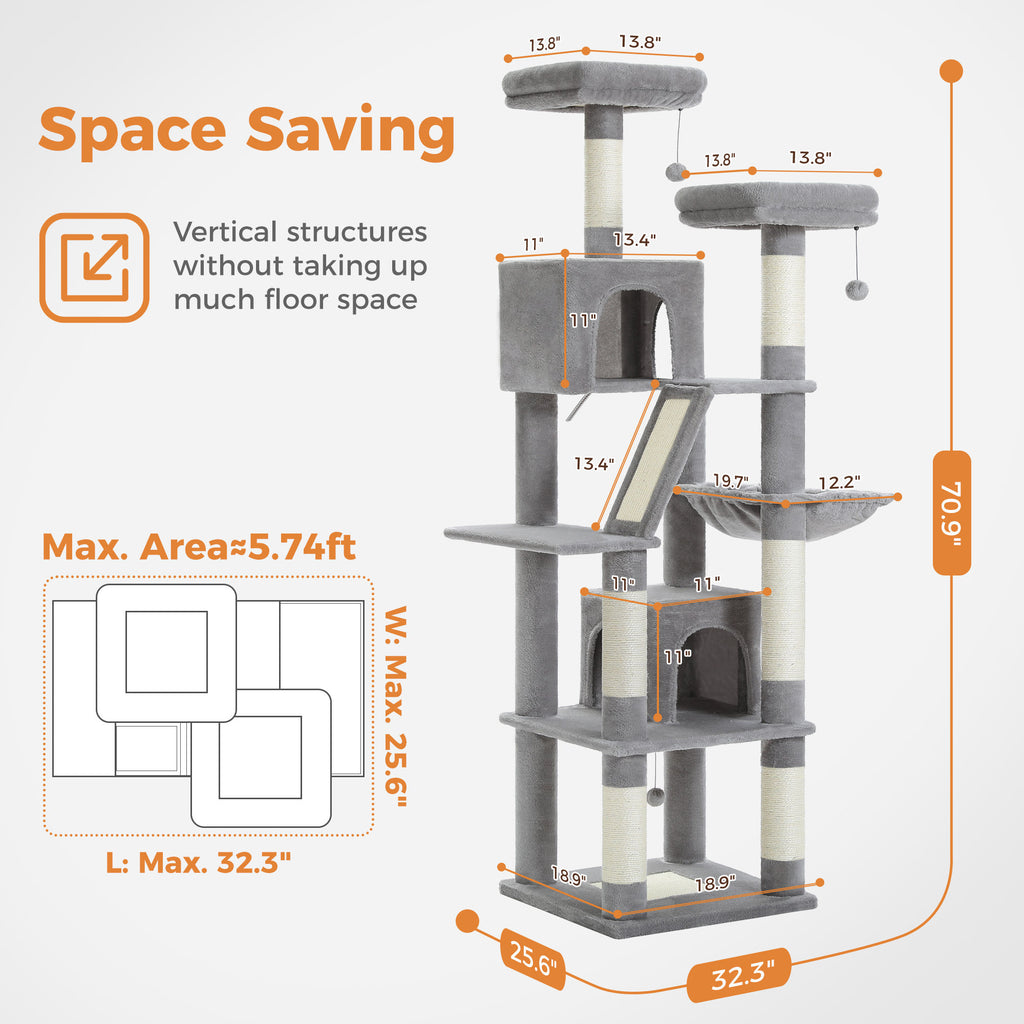 Tall Cat Tree with Dual Condos and Perches – Grey — detail 4