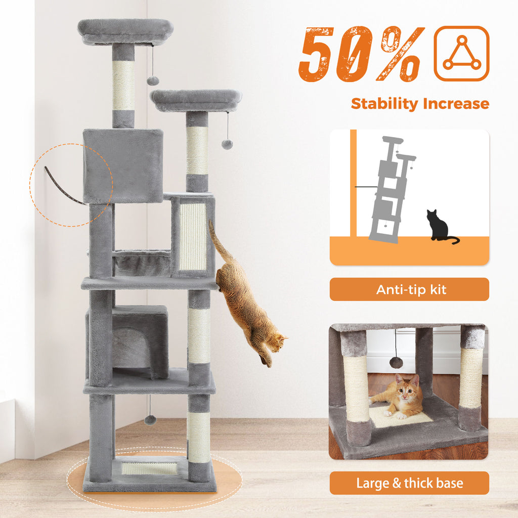 Tall Cat Tree with Dual Condos and Perches – Grey — detail 5