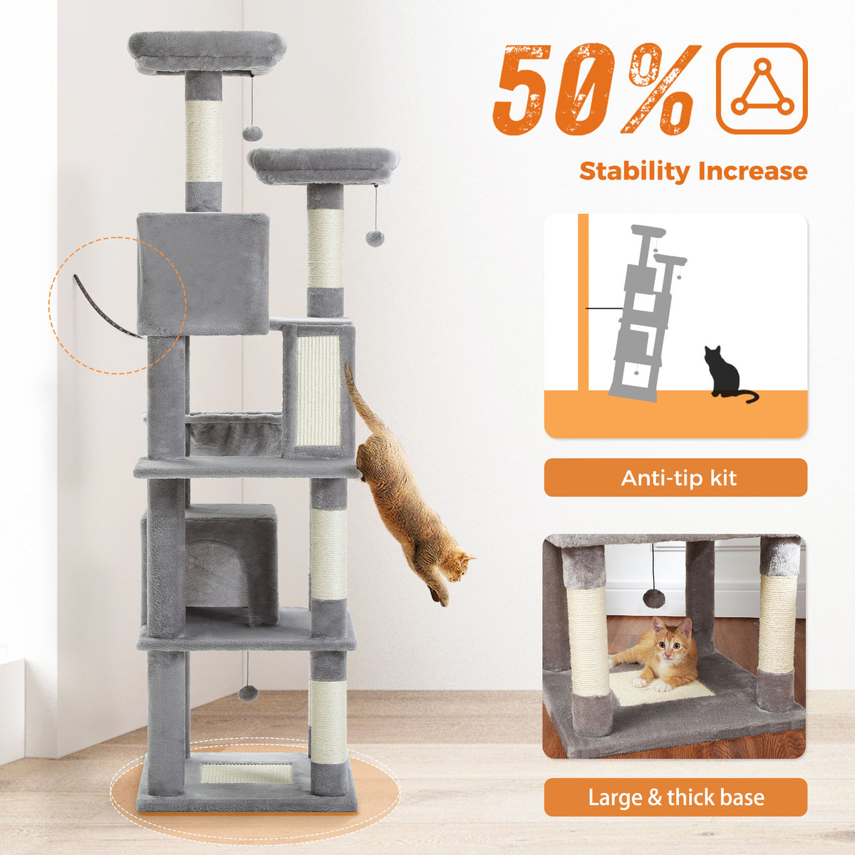Tall Cat Tree with Dual Condos and Perches – Grey — detail 5