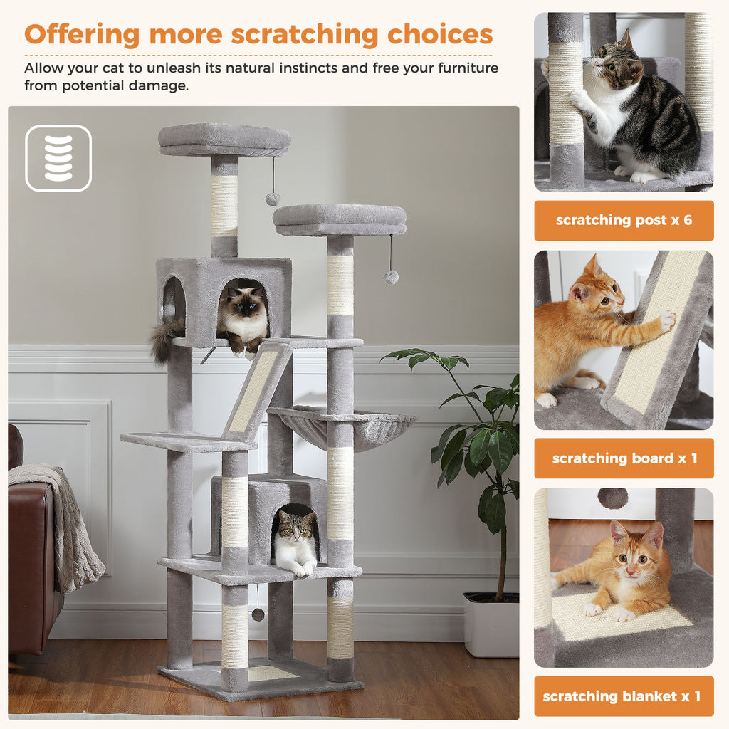 Tall Cat Tree with Dual Condos and Perches – Grey — detail 7