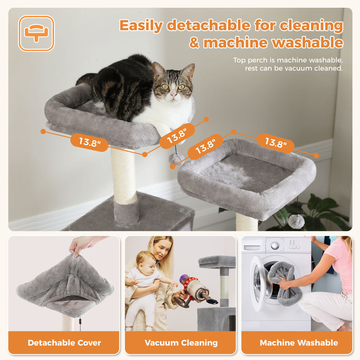 Tall Cat Tree with Dual Condos and Perches – Grey — detail 9