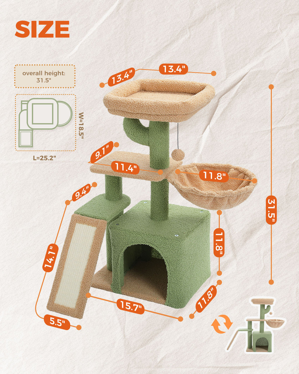 Cactus Cat Tree with Condo and Hammock – Green — detail 3