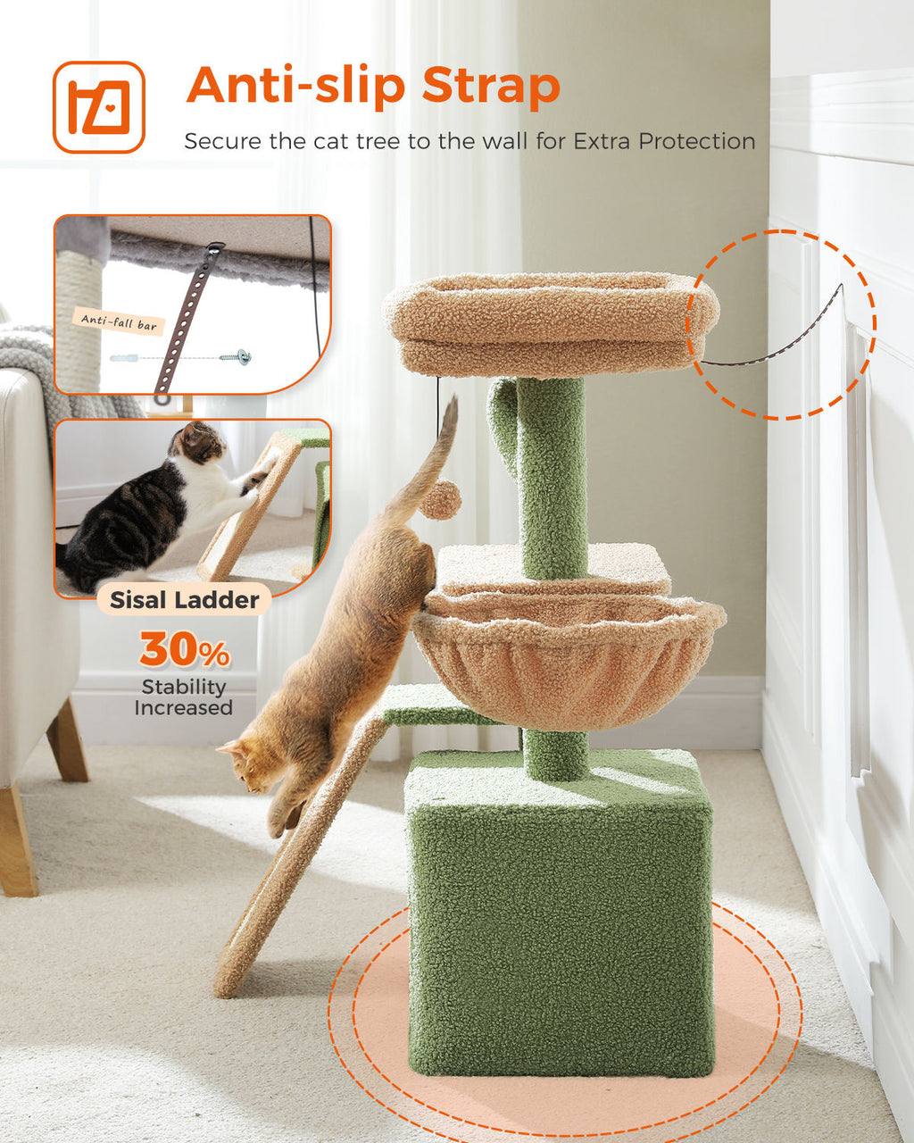 Cactus Cat Tree with Condo and Hammock – Green — detail 6