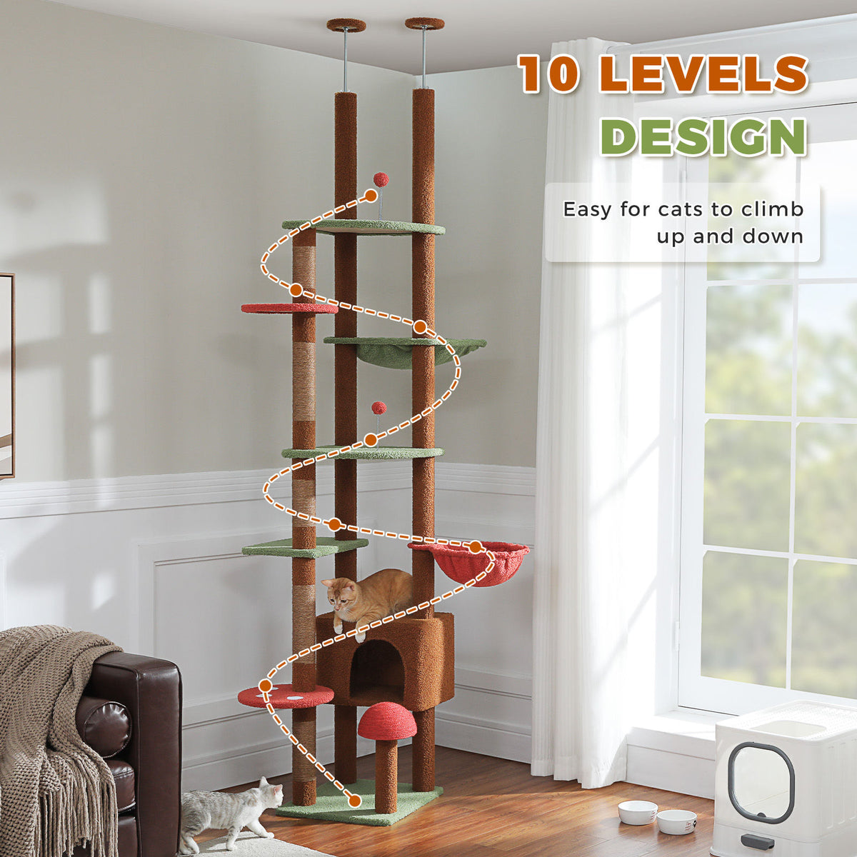 Floor-to-Ceiling Cat Tree with Two Hammocks – Brown — detail 2