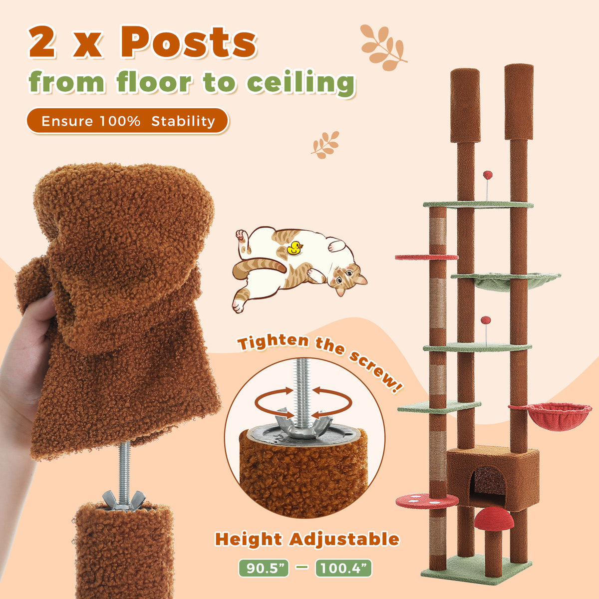 Floor-to-Ceiling Cat Tree with Two Hammocks – Brown — detail 3