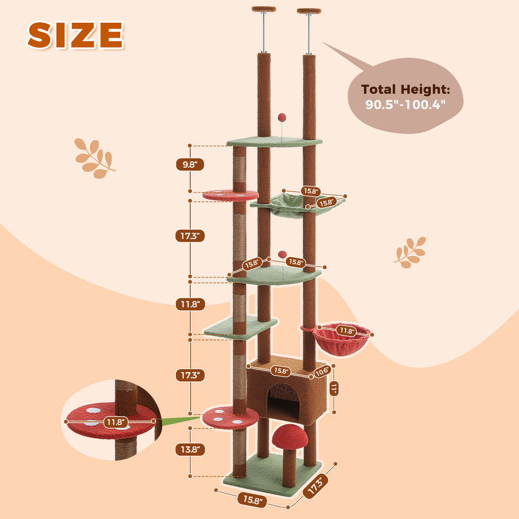 Floor-to-Ceiling Cat Tree with Two Hammocks – Brown — detail 6