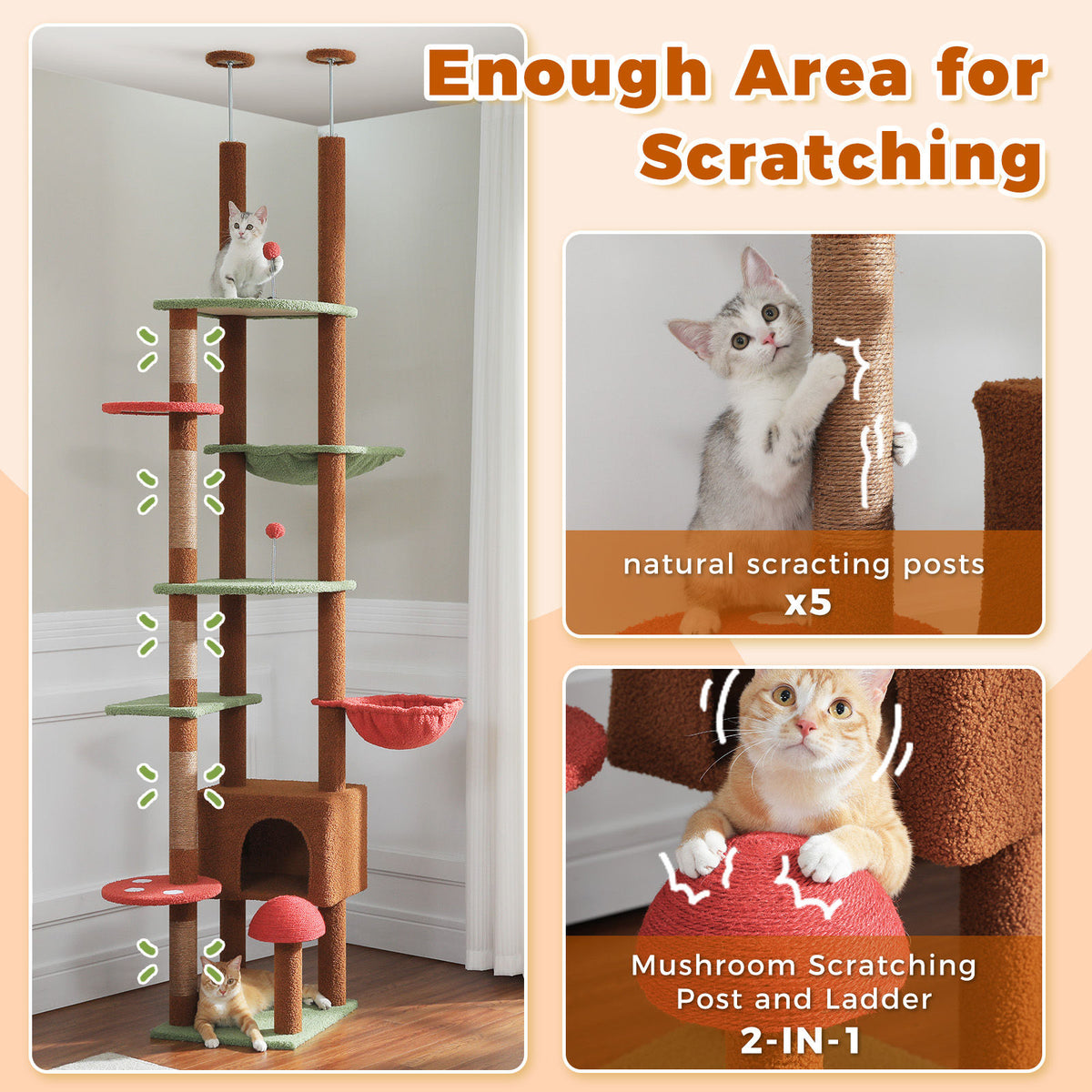 Floor-to-Ceiling Cat Tree with Two Hammocks – Brown — detail 7