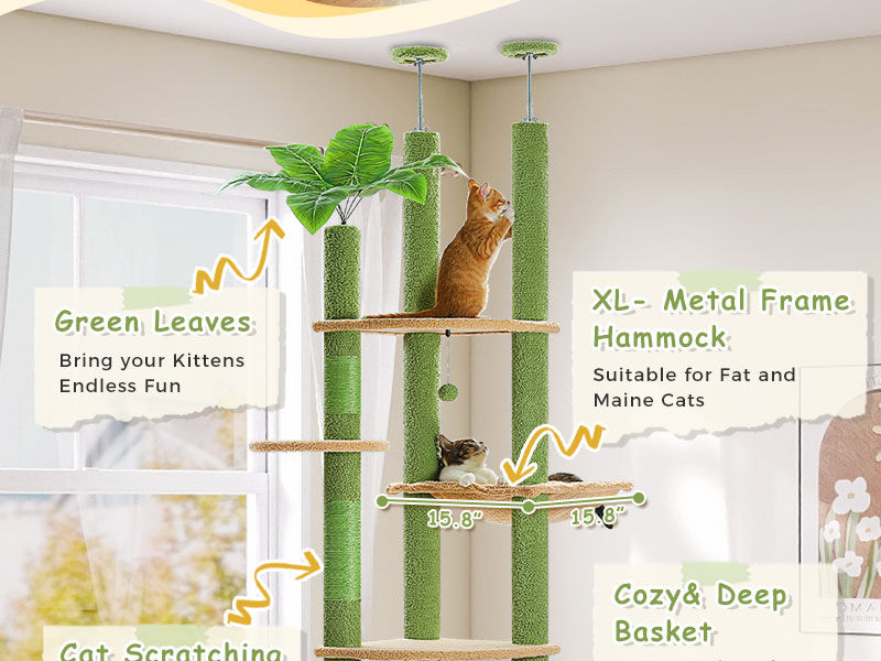 Floor-to-Ceiling Cat Tree with Two Hammocks – Green — detail 6