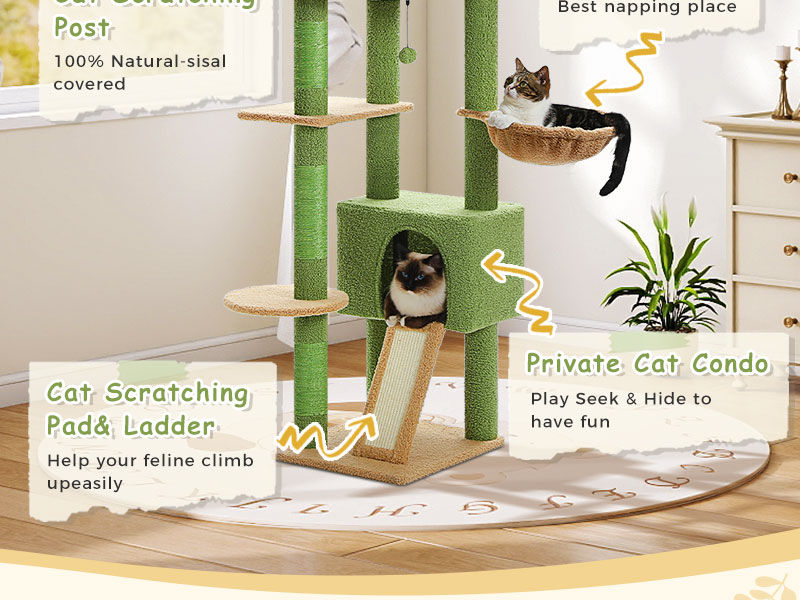 Floor-to-Ceiling Cat Tree with Two Hammocks – Green — detail 7