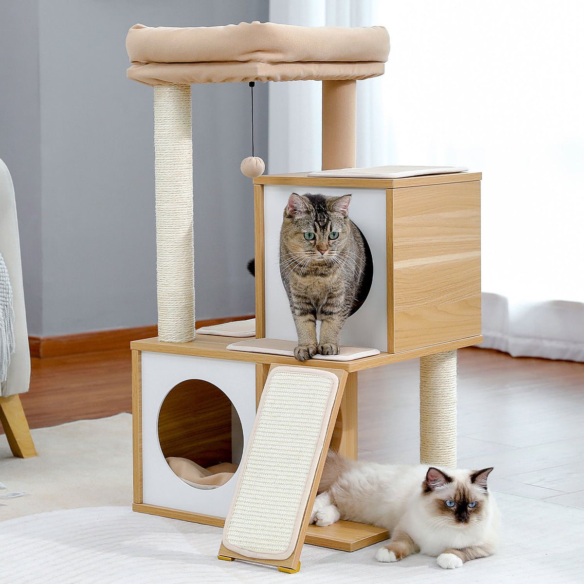 Wood Cat Tree with Dual Condos and Scratching Ramp – Beige — detail 2