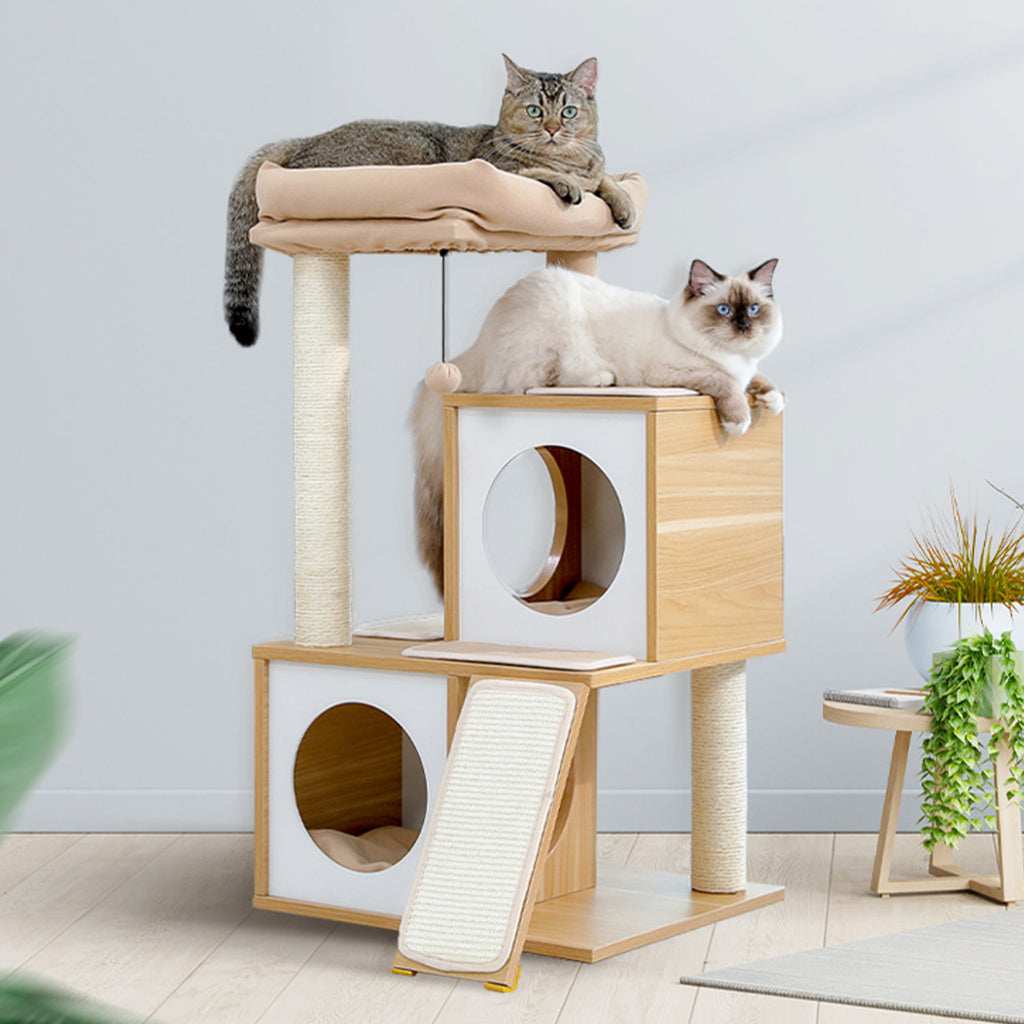 Wood Cat Tree with Dual Condos and Scratching Ramp – Beige — detail 7