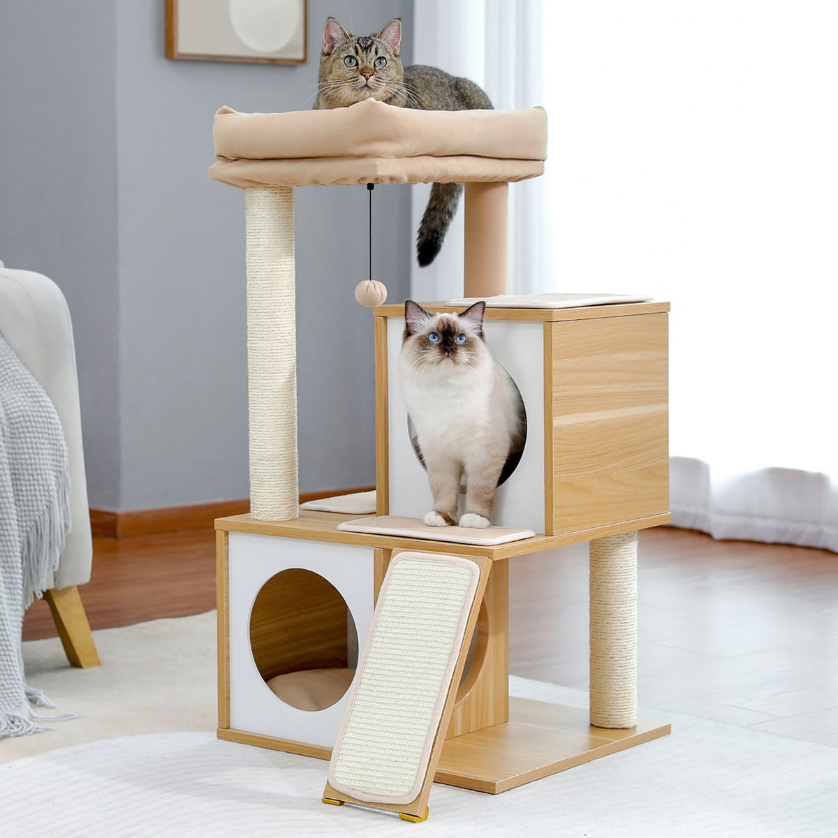 Wood Cat Tree with Dual Condos and Scratching Ramp – Beige — detail 8