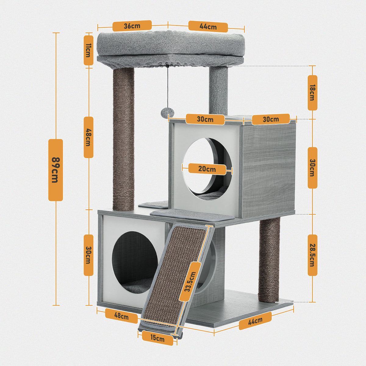 Wood Cat Tree with Dual Condos and Scratching Ramp – Grey — product view