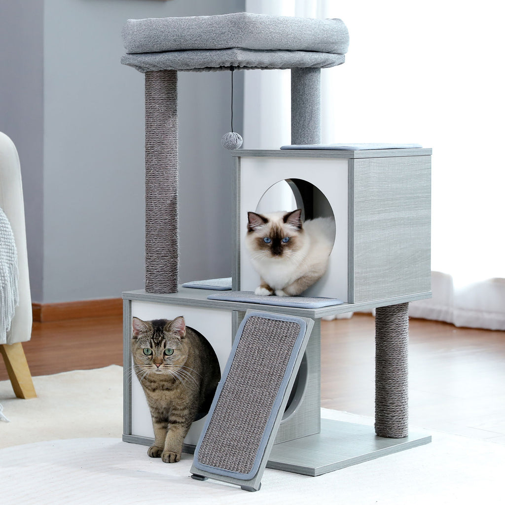 Wood Cat Tree with Dual Condos and Scratching Ramp – Grey — detail 2