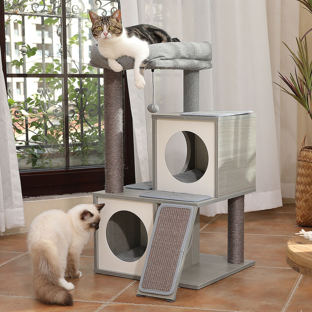 Wood Cat Tree with Dual Condos and Scratching Ramp – Grey — detail 3