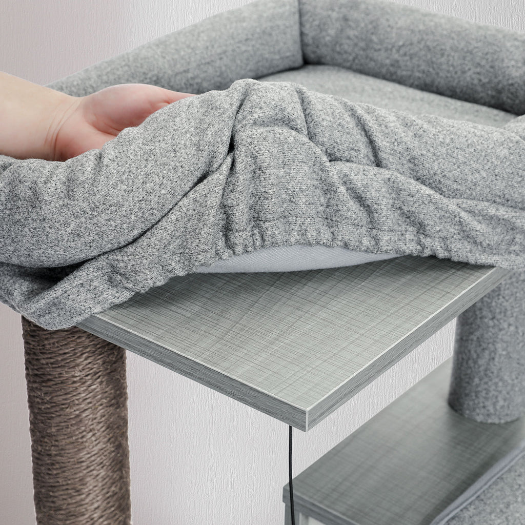 Wood Cat Tree with Dual Condos and Scratching Ramp – Grey — detail 5