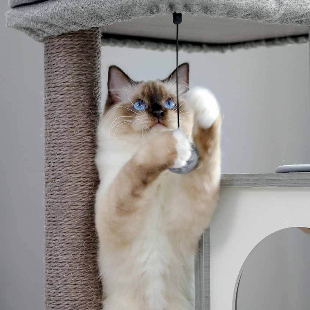 Wood Cat Tree with Dual Condos and Scratching Ramp – Grey — detail 6