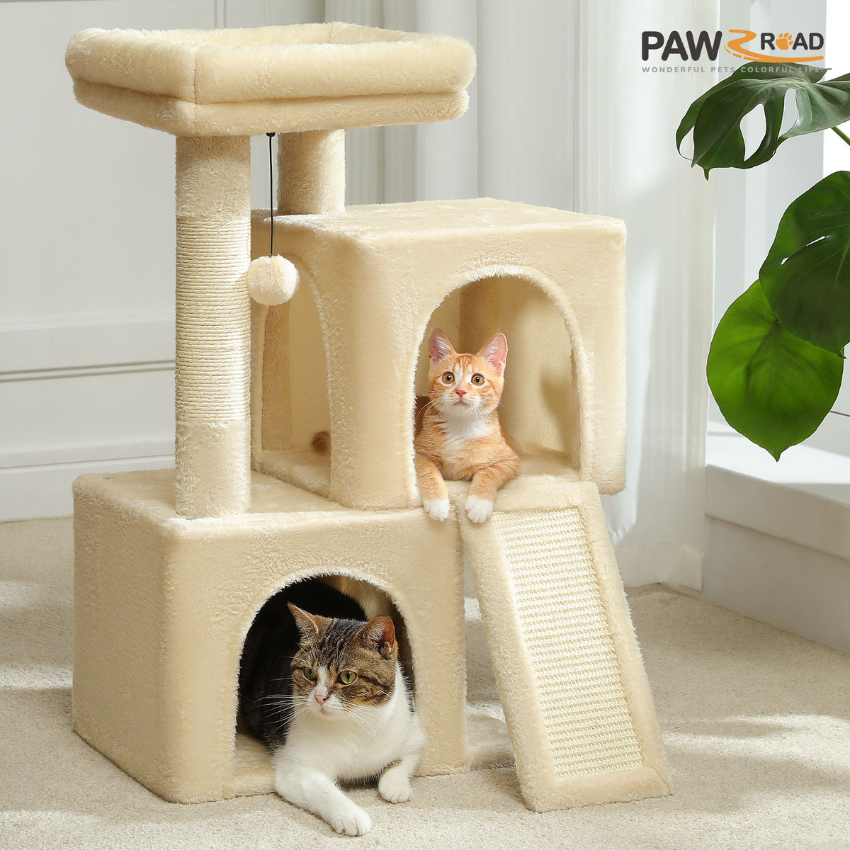 Compact Cat Tree with Dual Condos – Beige — detail 3