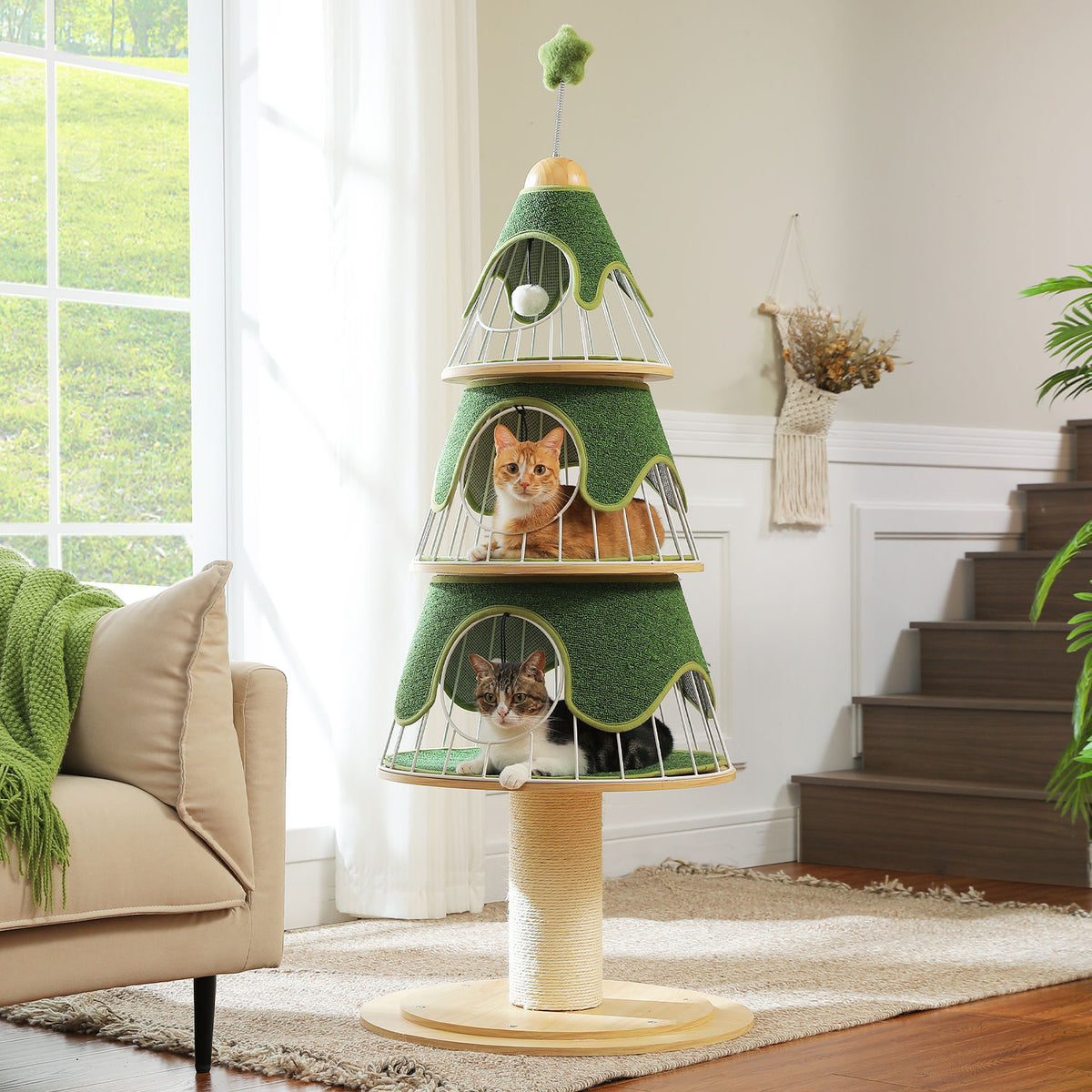 Tree-Shaped Cat Tower with Three Condos – Green — product view