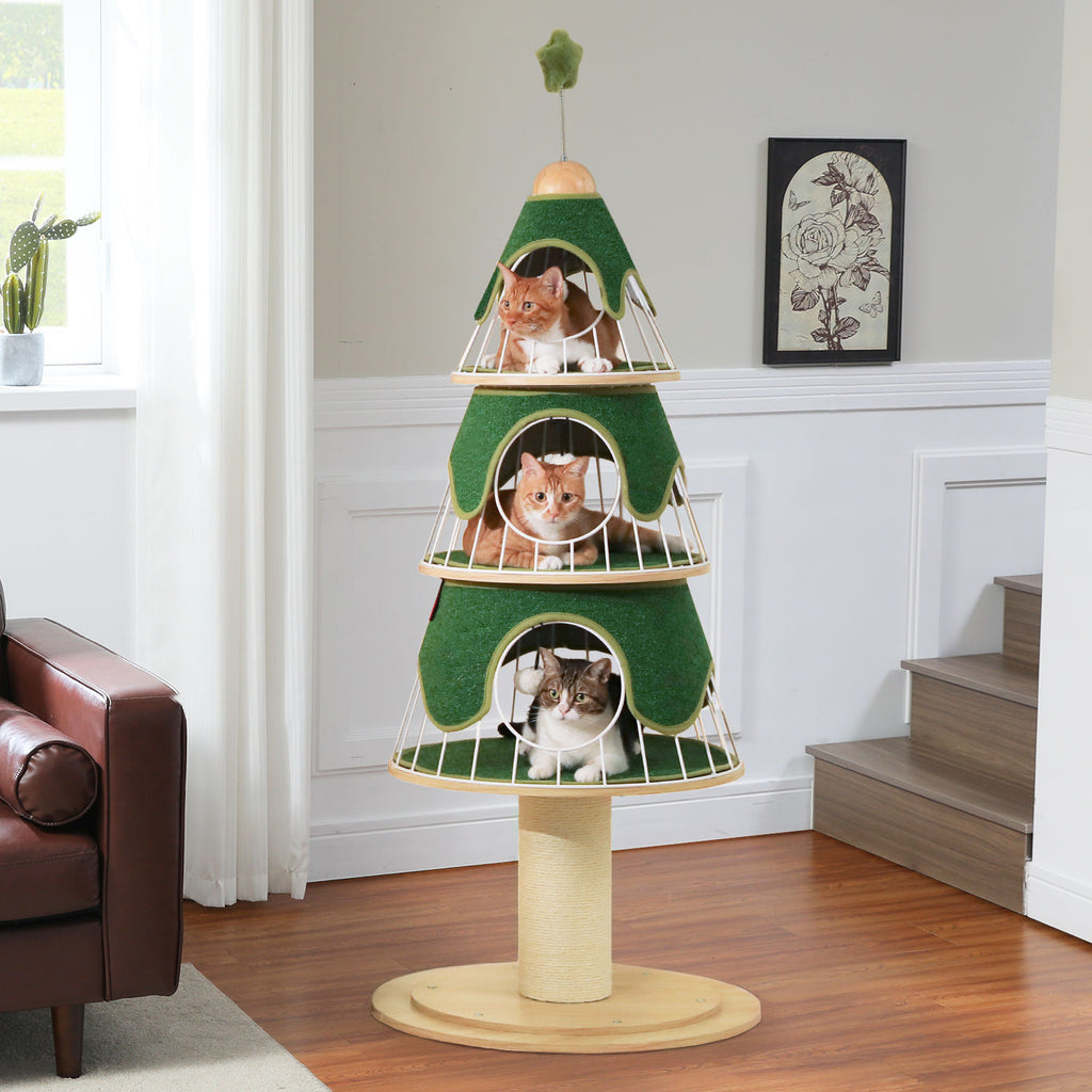 Tree-Shaped Cat Tower with Three Condos – Green — detail 2