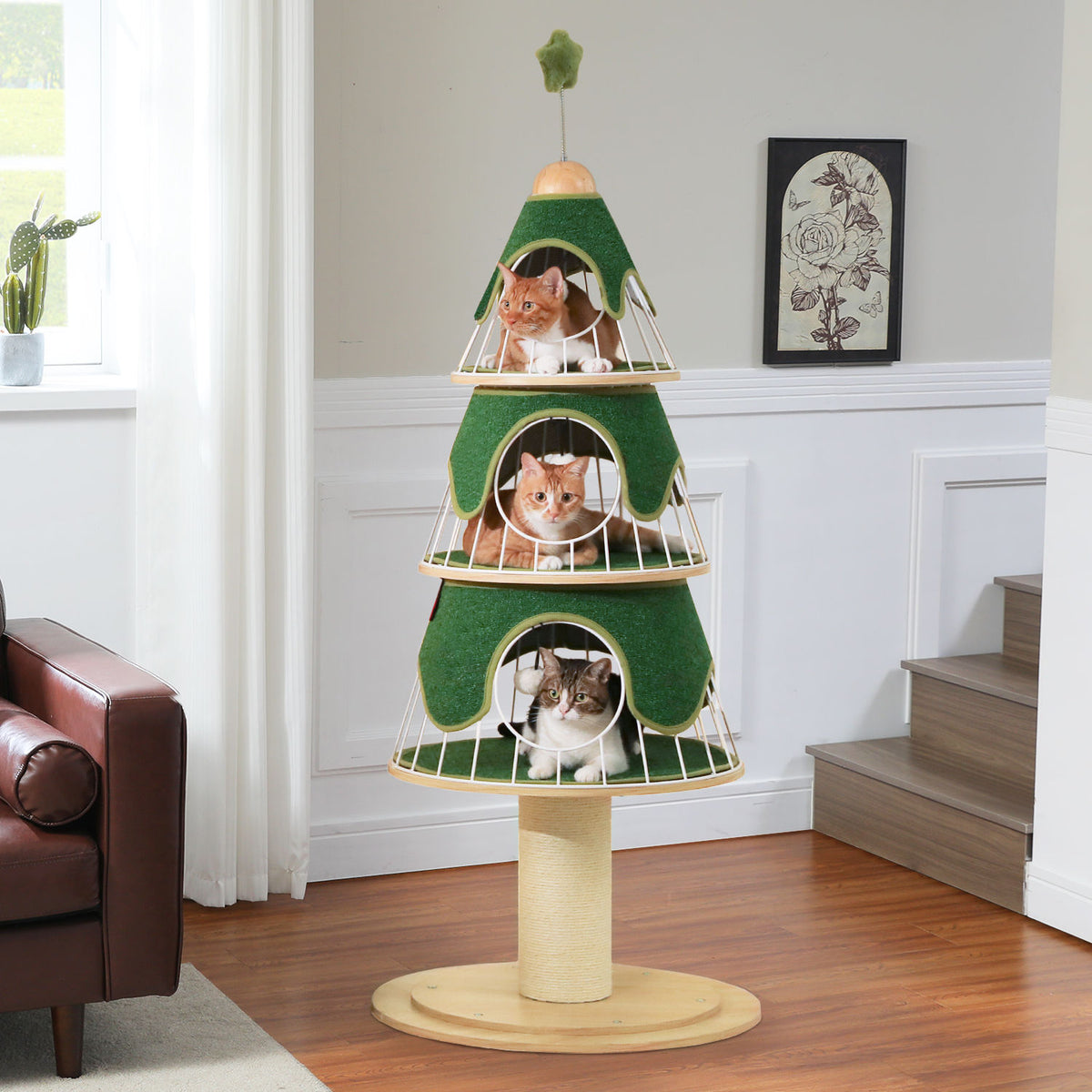 Tree-Shaped Cat Tower with Three Condos – Green — detail 2