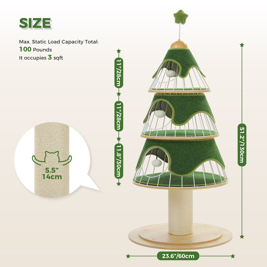 Tree-Shaped Cat Tower with Three Condos – Green — detail 3
