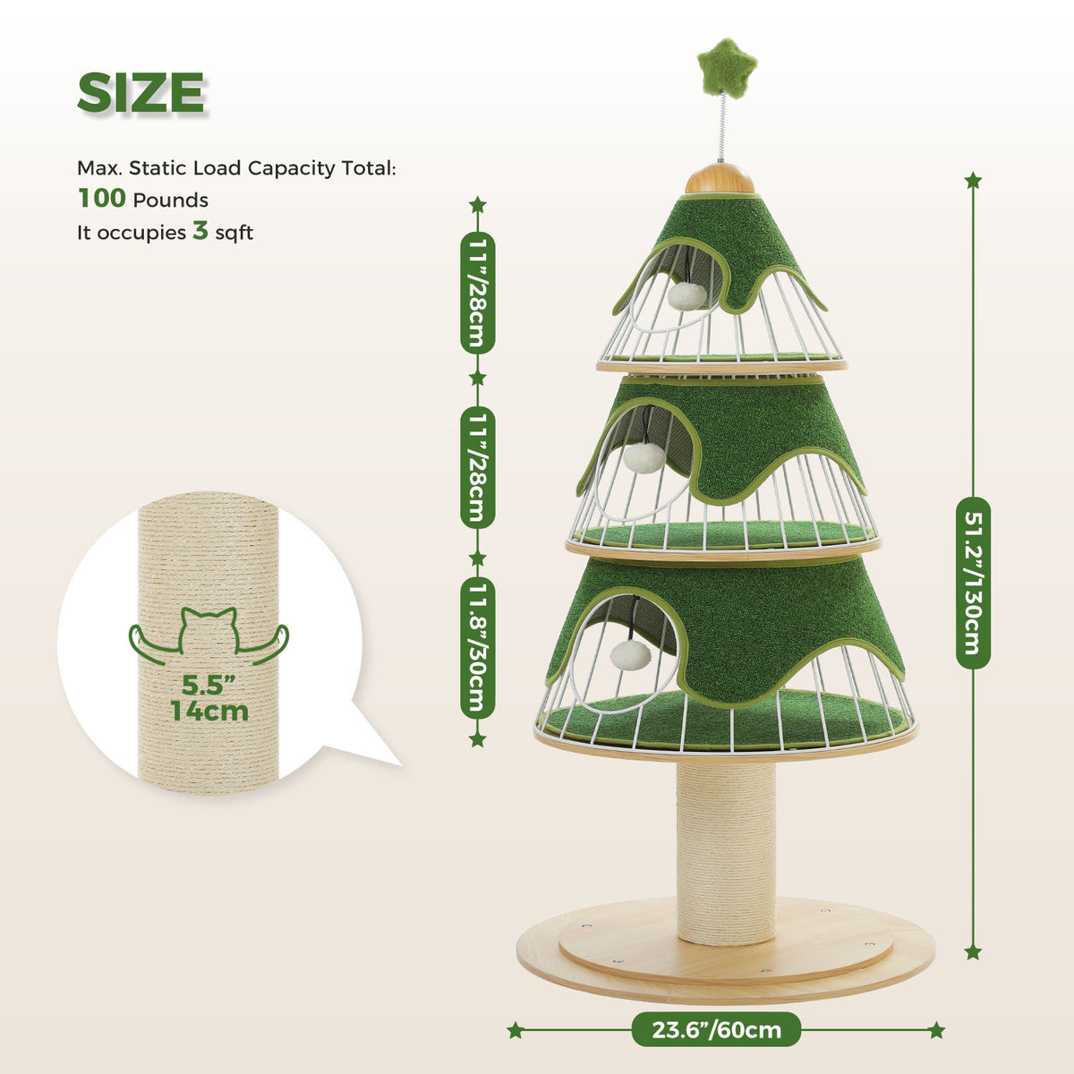 Tree-Shaped Cat Tower with Three Condos – Green — detail 3