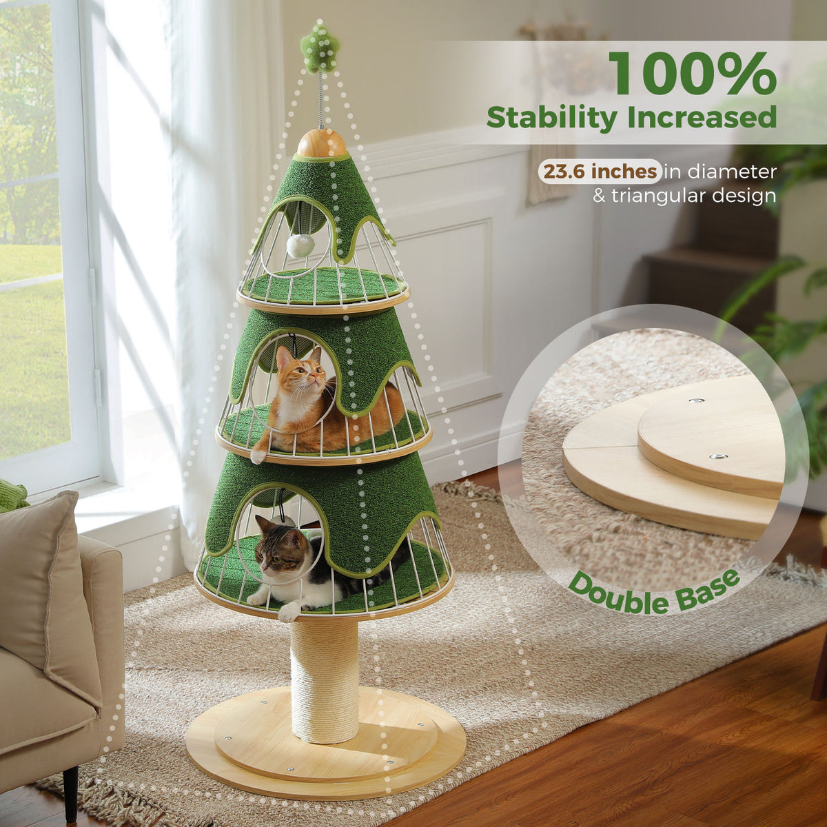 Tree-Shaped Cat Tower with Three Condos – Green — detail 4