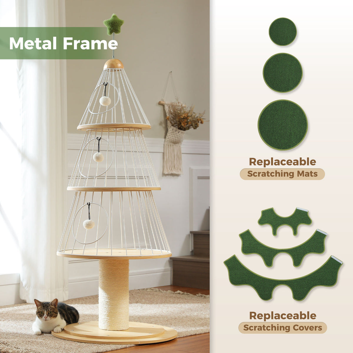 Tree-Shaped Cat Tower with Three Condos – Green — detail 5