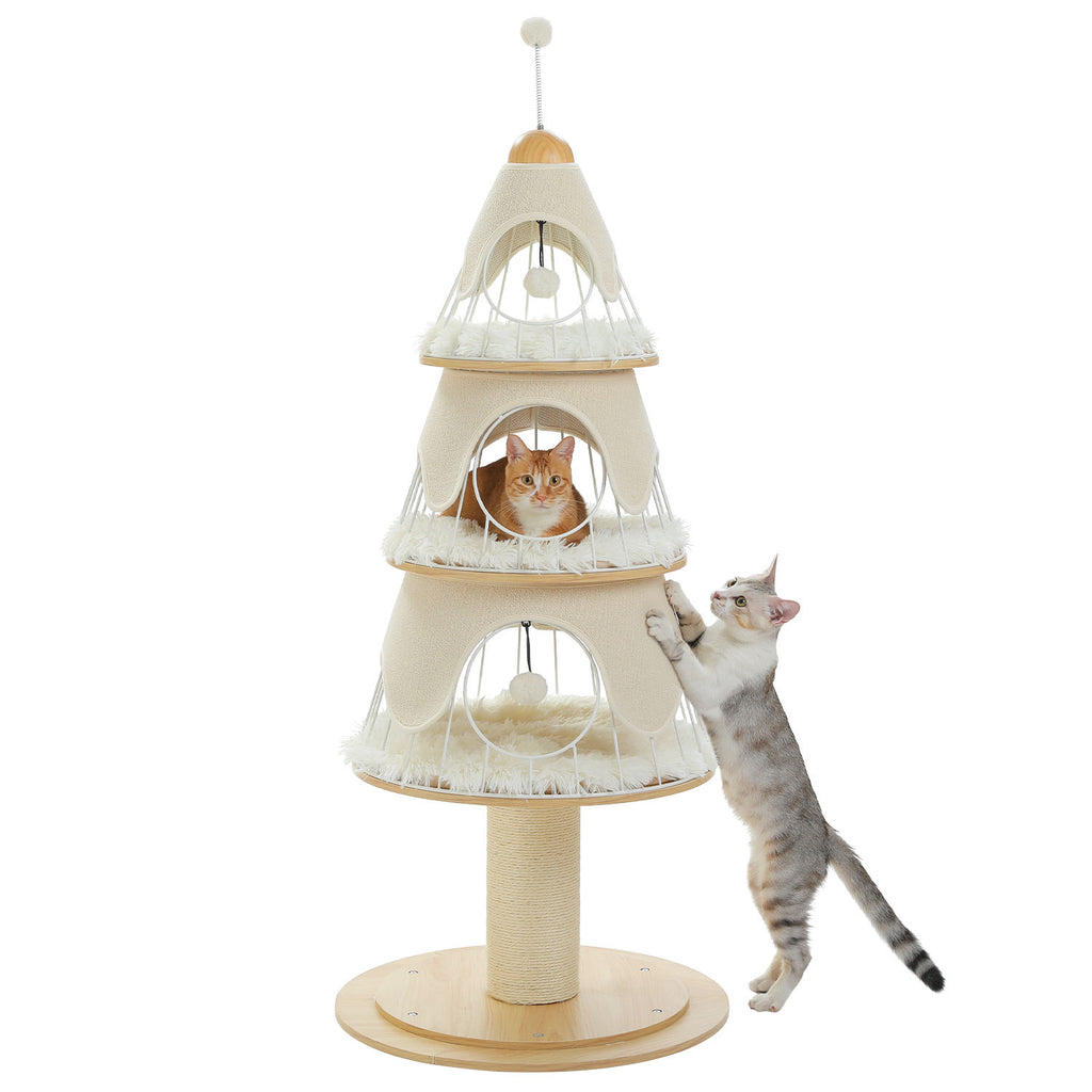 Tree-Shaped Cat Tower with Three Condos – White — product view