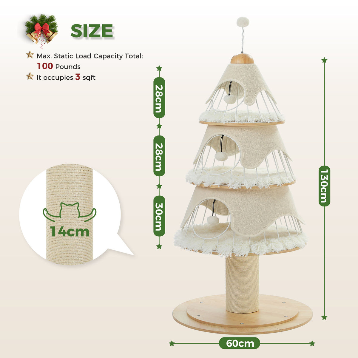 Tree-Shaped Cat Tower with Three Condos – White — detail 3