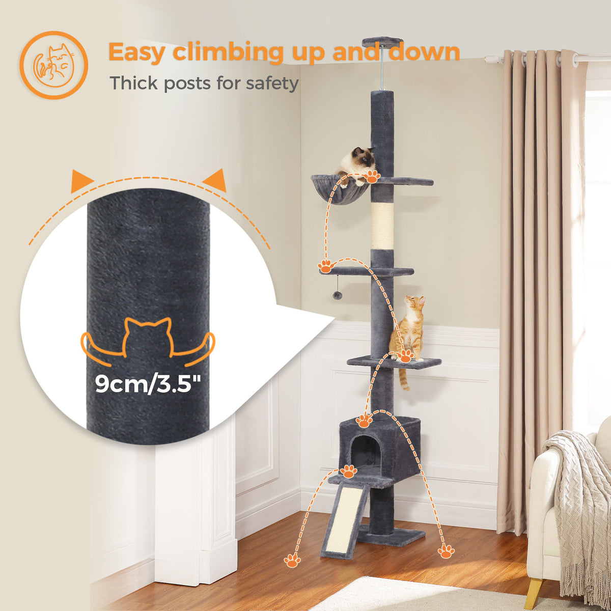 Floor-to-Ceiling Cat Tree with Condo and Ramp – Dark Grey — detail 2