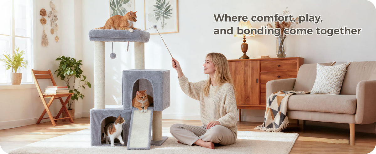 Cat Tree with Dual Condos and Wide Perch – Grey — detail 5