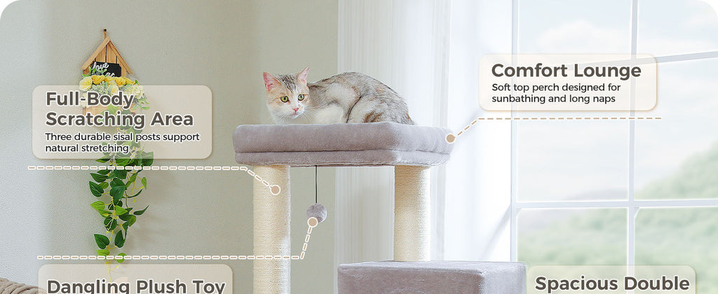 Cat Tree with Dual Condos and Wide Perch – Grey — detail 6