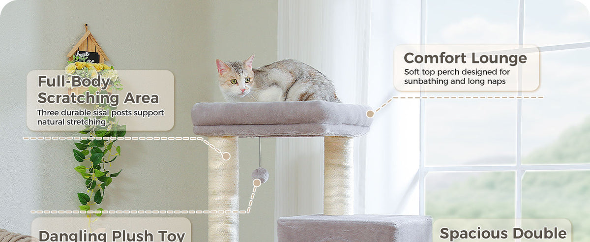 Cat Tree with Dual Condos and Wide Perch – Grey — detail 6