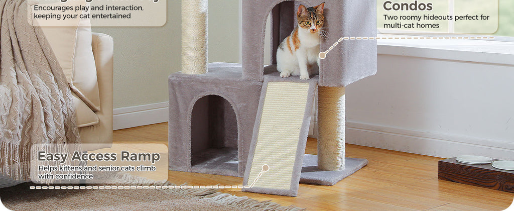 Cat Tree with Dual Condos and Wide Perch – Grey — detail 7