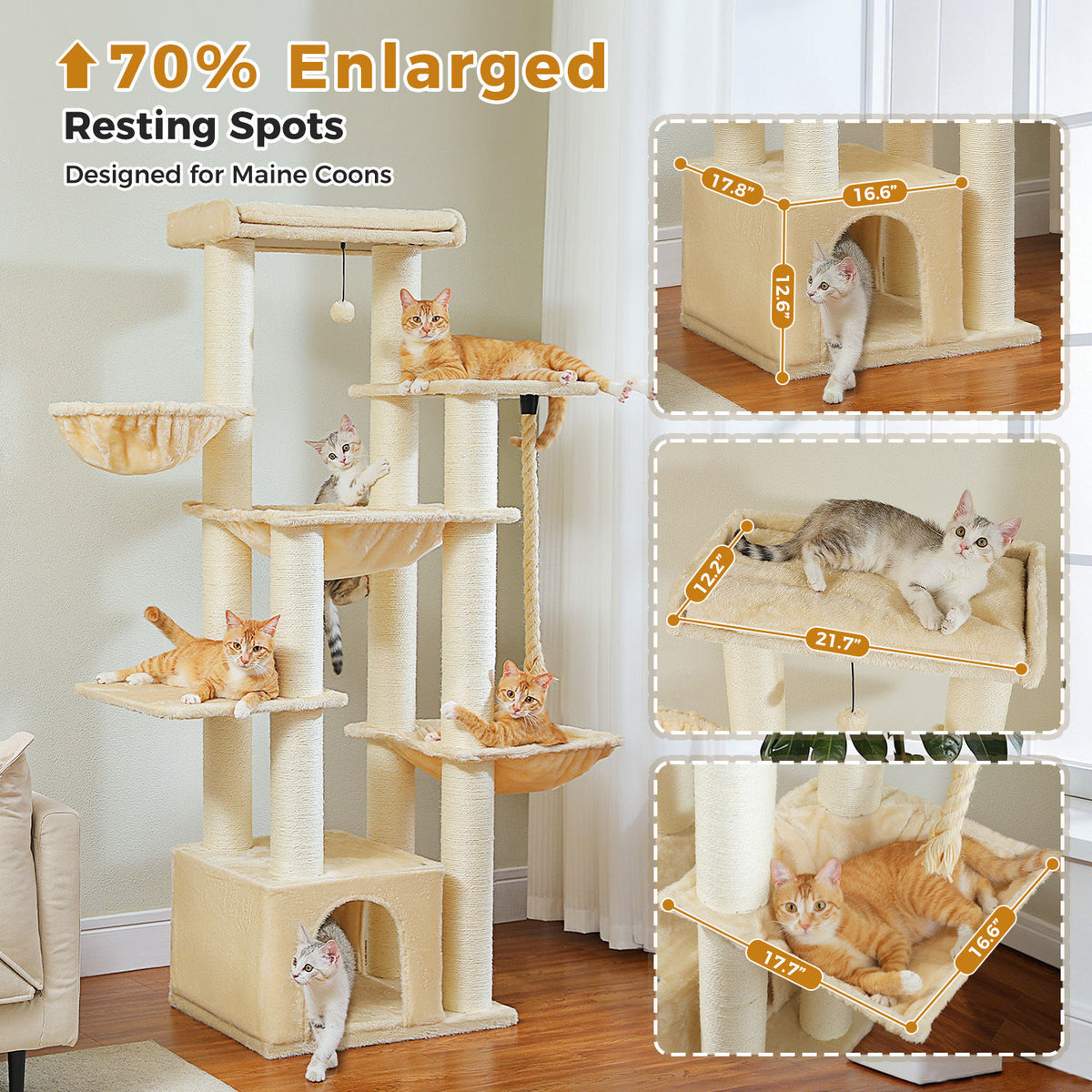 Large Cat Tree with Three Hammocks – Beige — detail 2