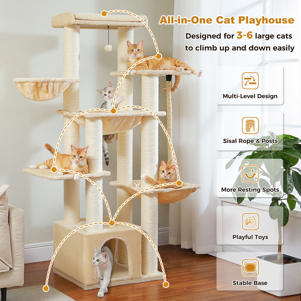 Large Cat Tree with Three Hammocks – Beige — detail 3