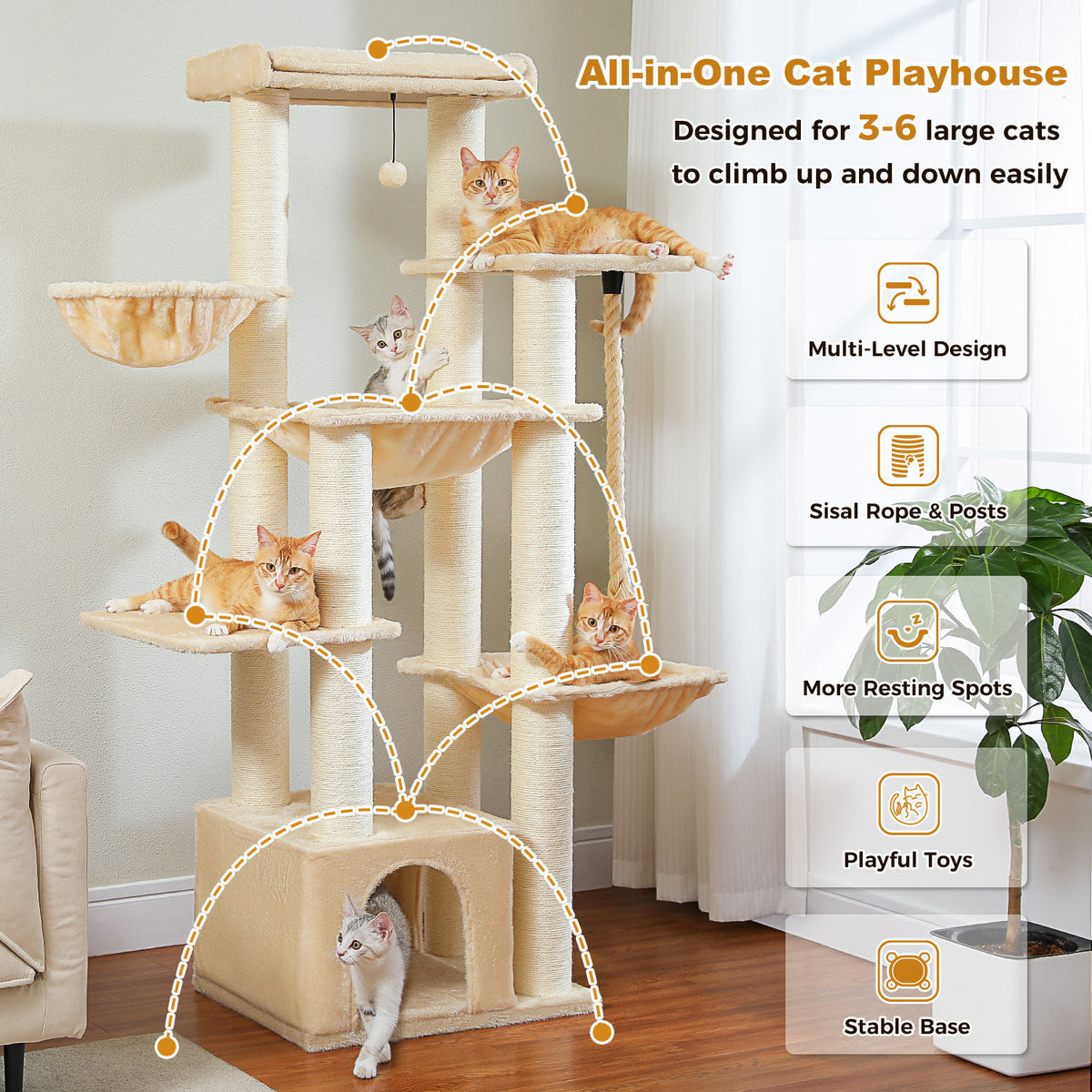 Large Cat Tree with Three Hammocks – Beige — detail 3