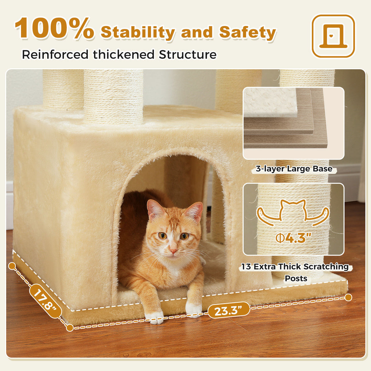 Large Cat Tree with Three Hammocks – Beige — detail 4
