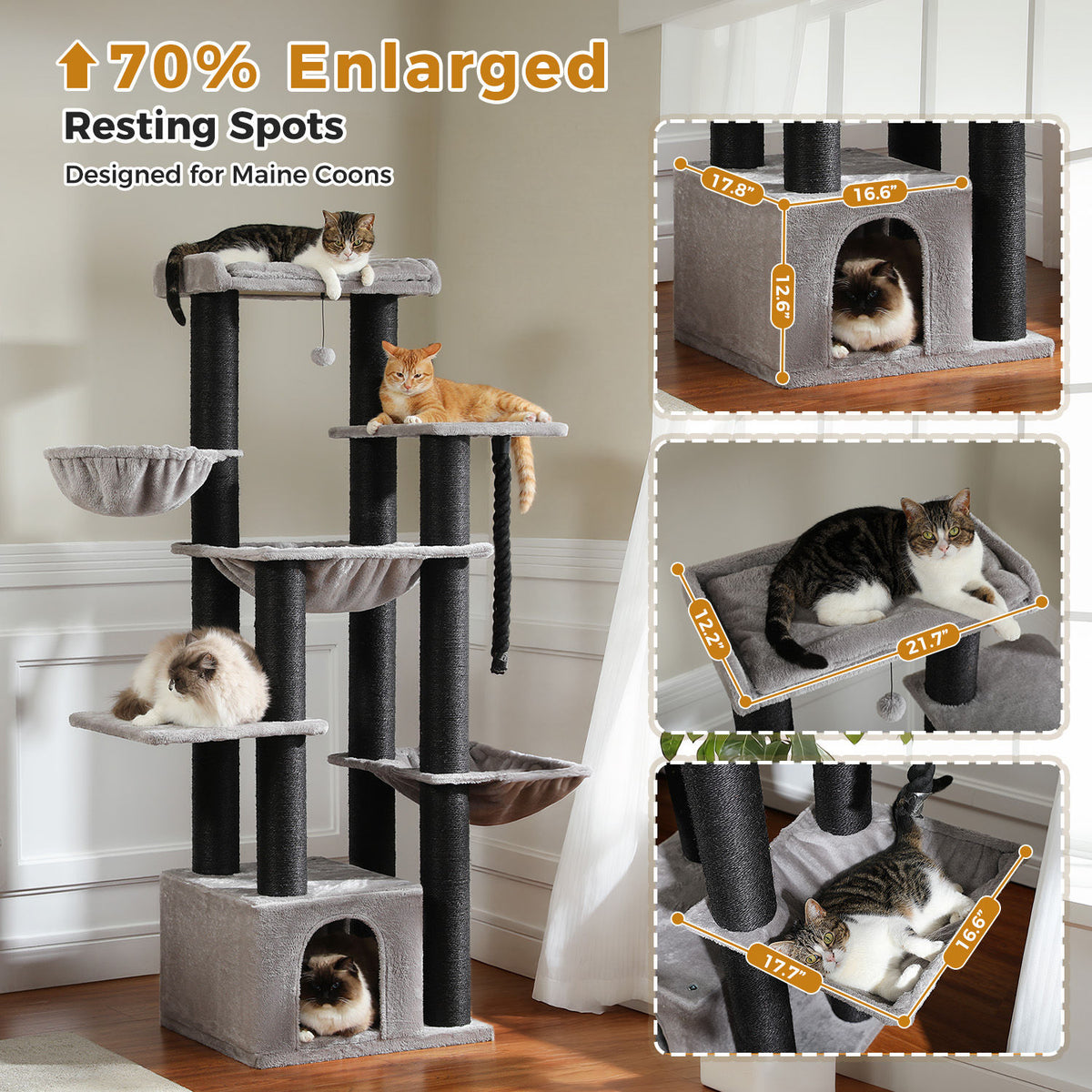 Large Cat Tree with Three Hammocks – Black — detail 2