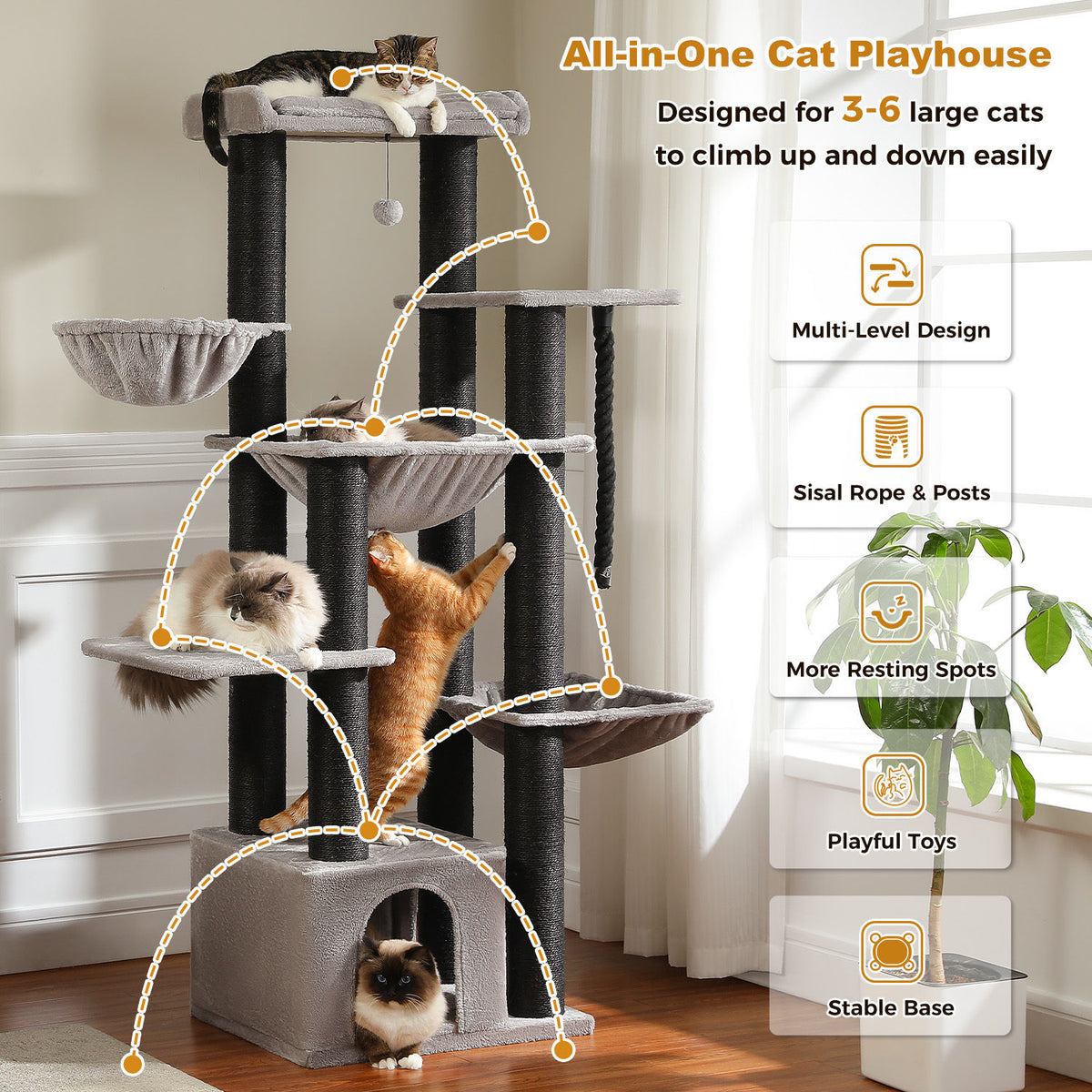Large Cat Tree with Three Hammocks – Black — detail 3