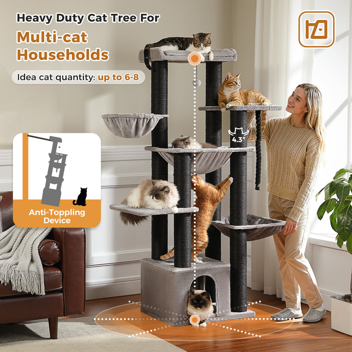 Large Cat Tree with Three Hammocks – Black — detail 6