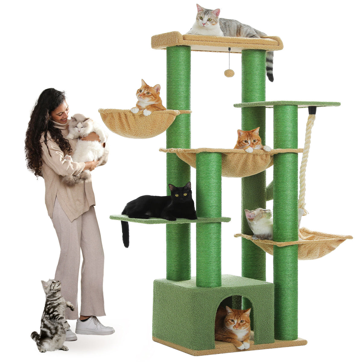 Large Cat Tree with Three Hammocks – Green — product view