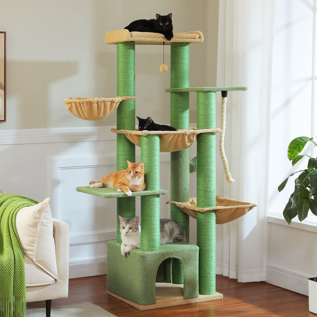 Large Cat Tree with Three Hammocks – Green — detail 2