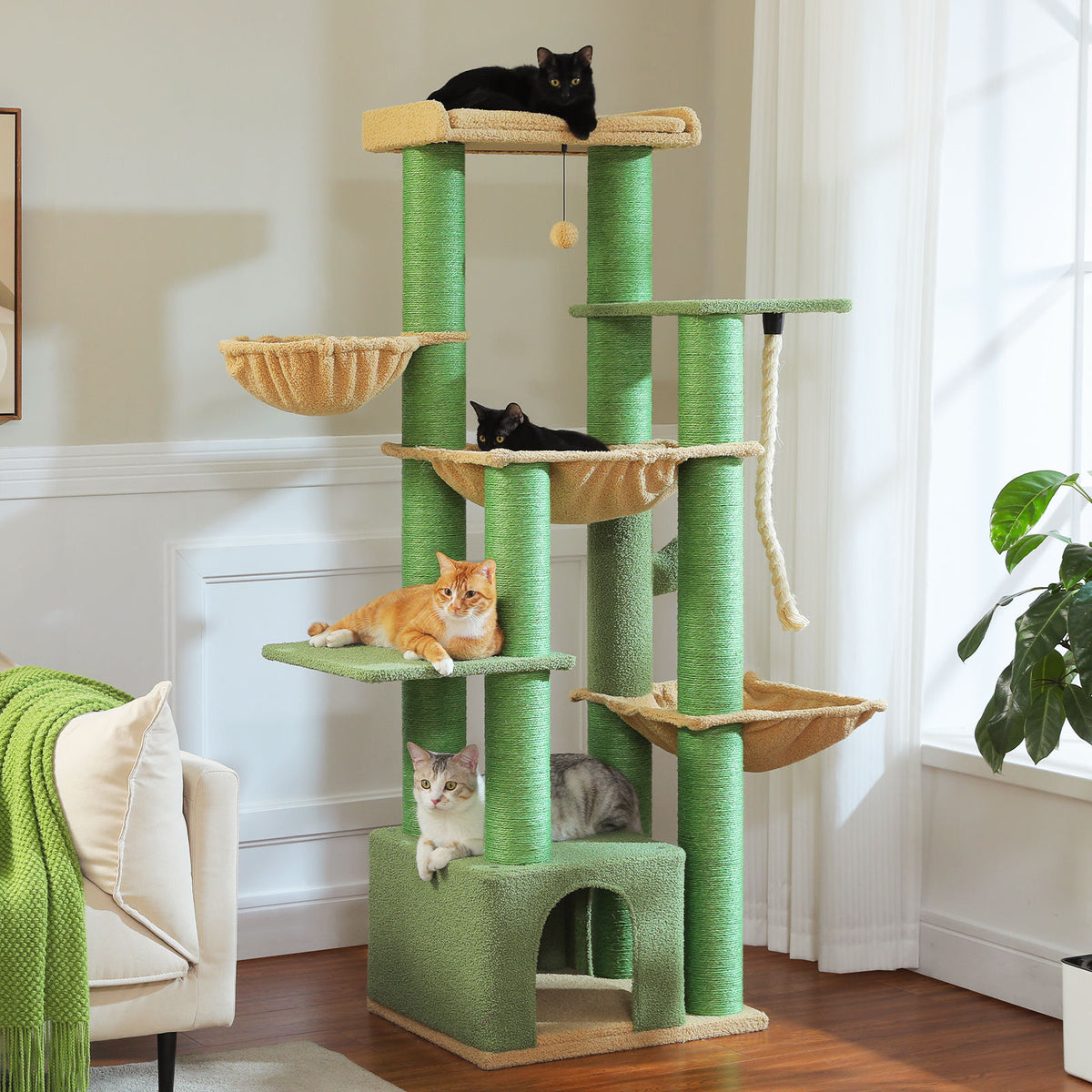 Large Cat Tree with Three Hammocks – Green — detail 2