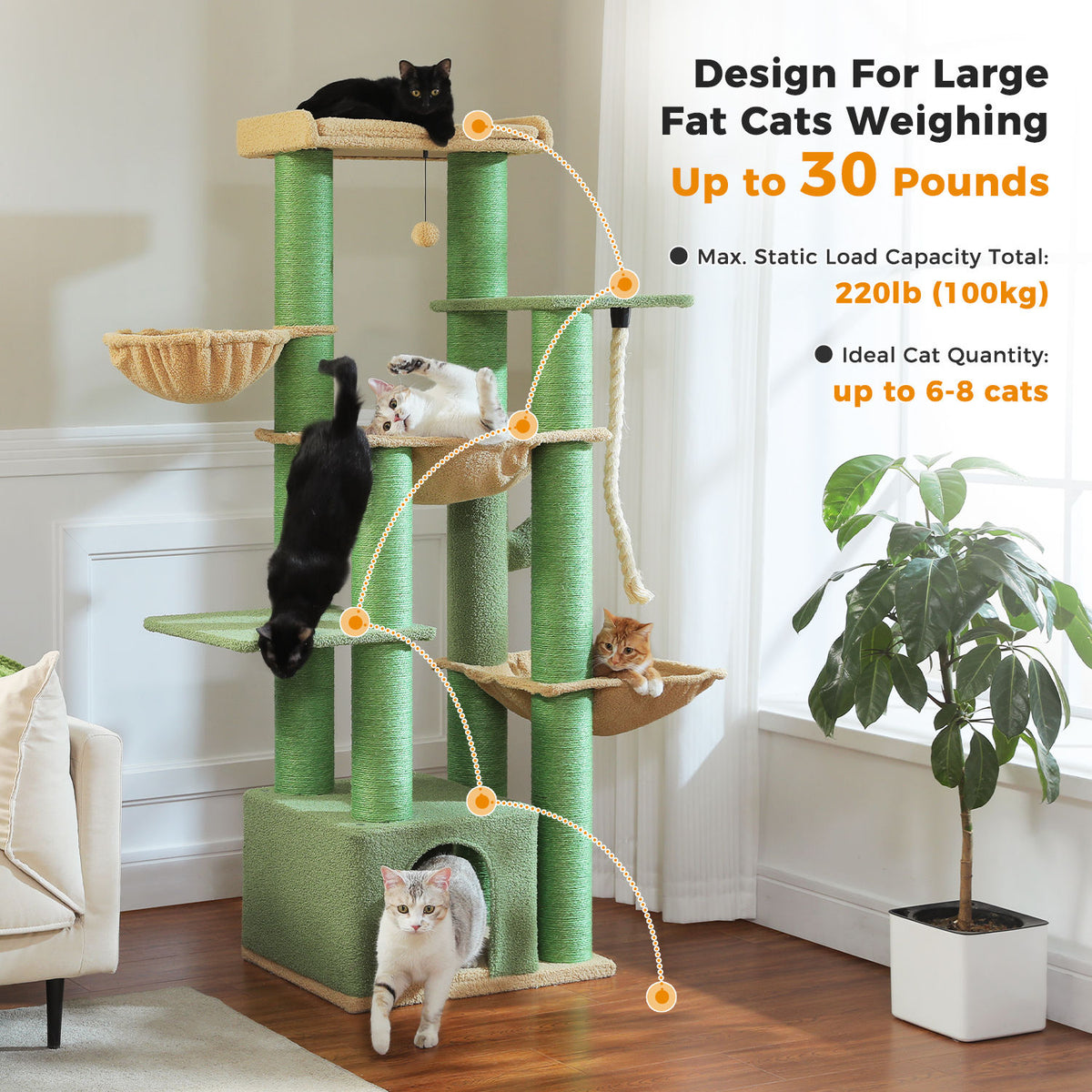Large Cat Tree with Three Hammocks – Green — detail 3
