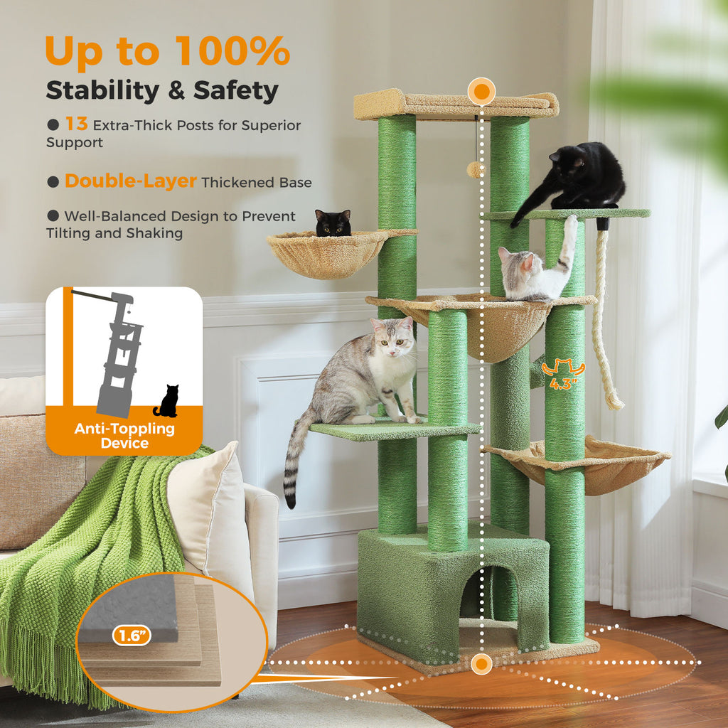 Large Cat Tree with Three Hammocks – Green — detail 4