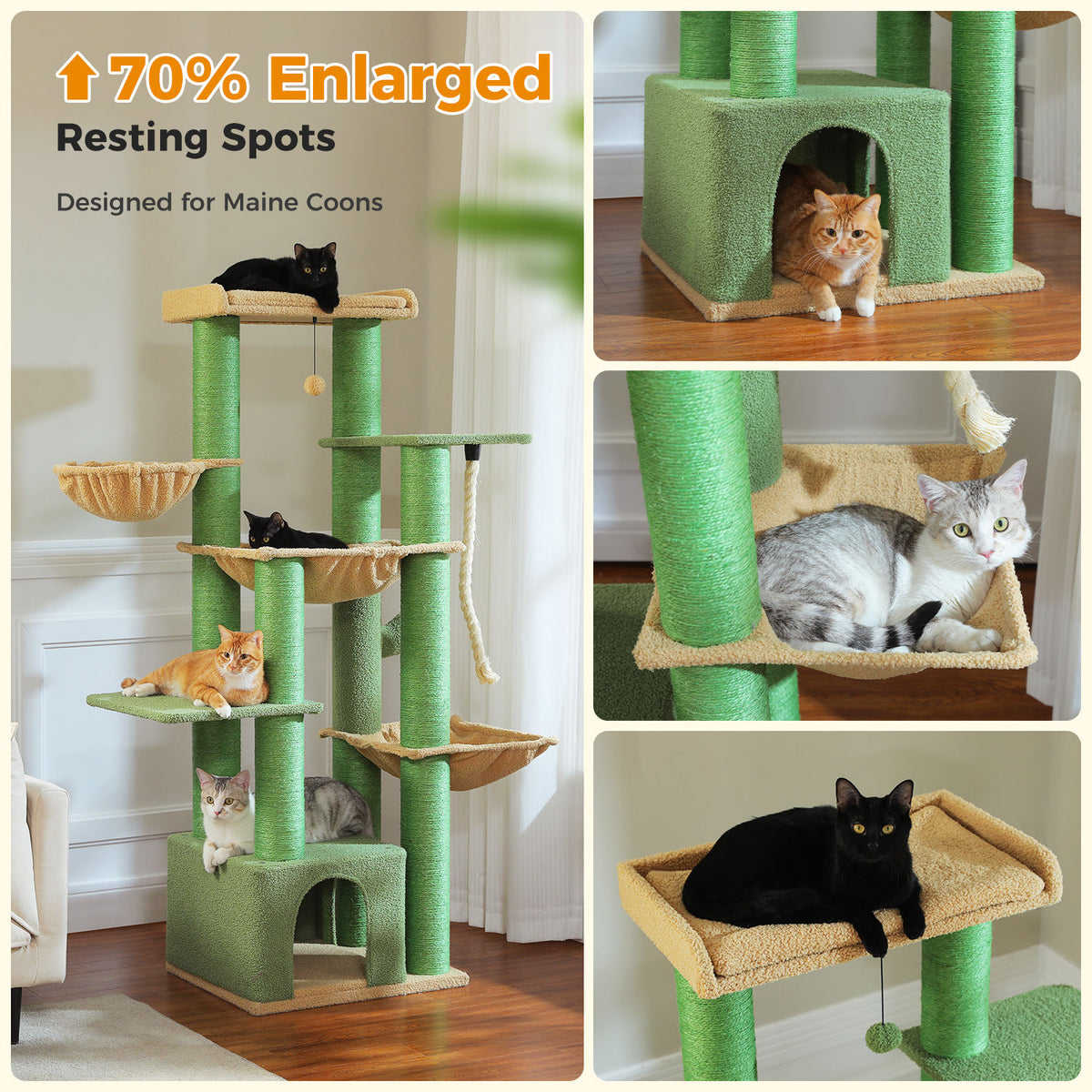 Large Cat Tree with Three Hammocks – Green — detail 5